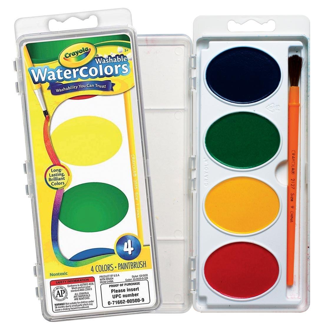 package of Crayola Jumbo Pan Washable Watercolors, shown both closed and open