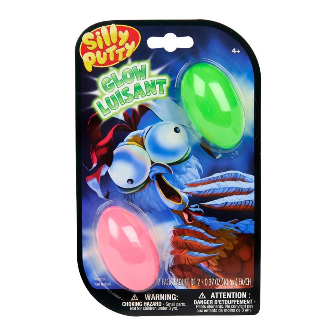 package of Glow Silly Putty by Crayola with 2 capsules of putty