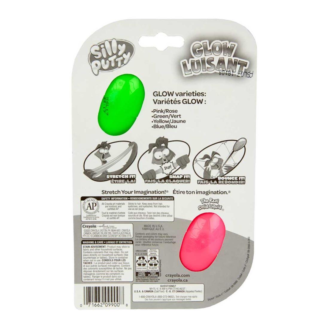 back package of package of Glow Silly Putty by Crayola