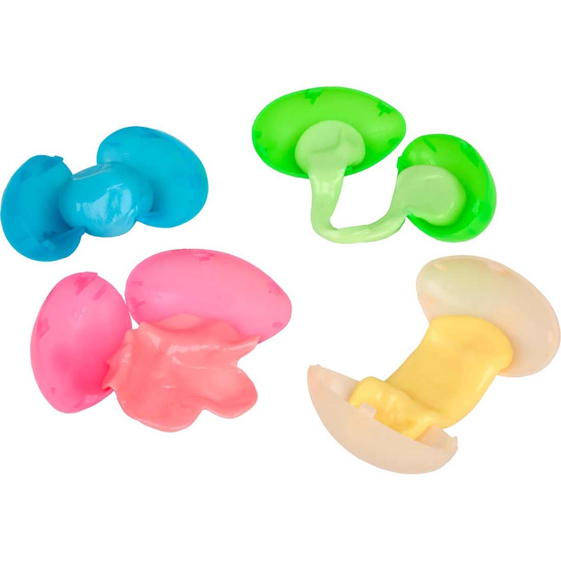 4 open capsules of Glow Silly Putty by Crayola, showing putty in 4 different colors