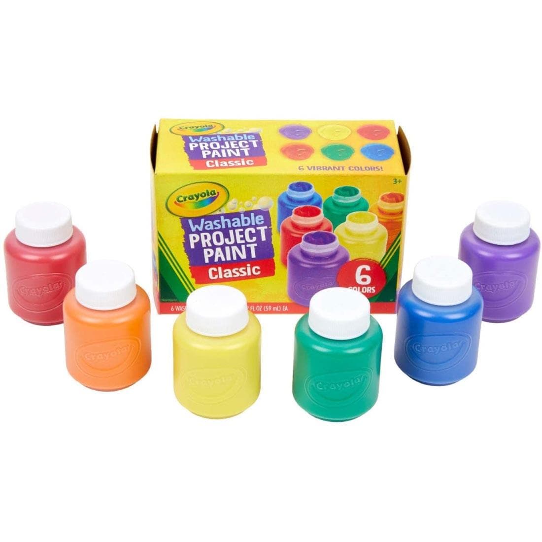 box of Crayola Washable Project Paint with 6 colors of paint in bottles with white lids