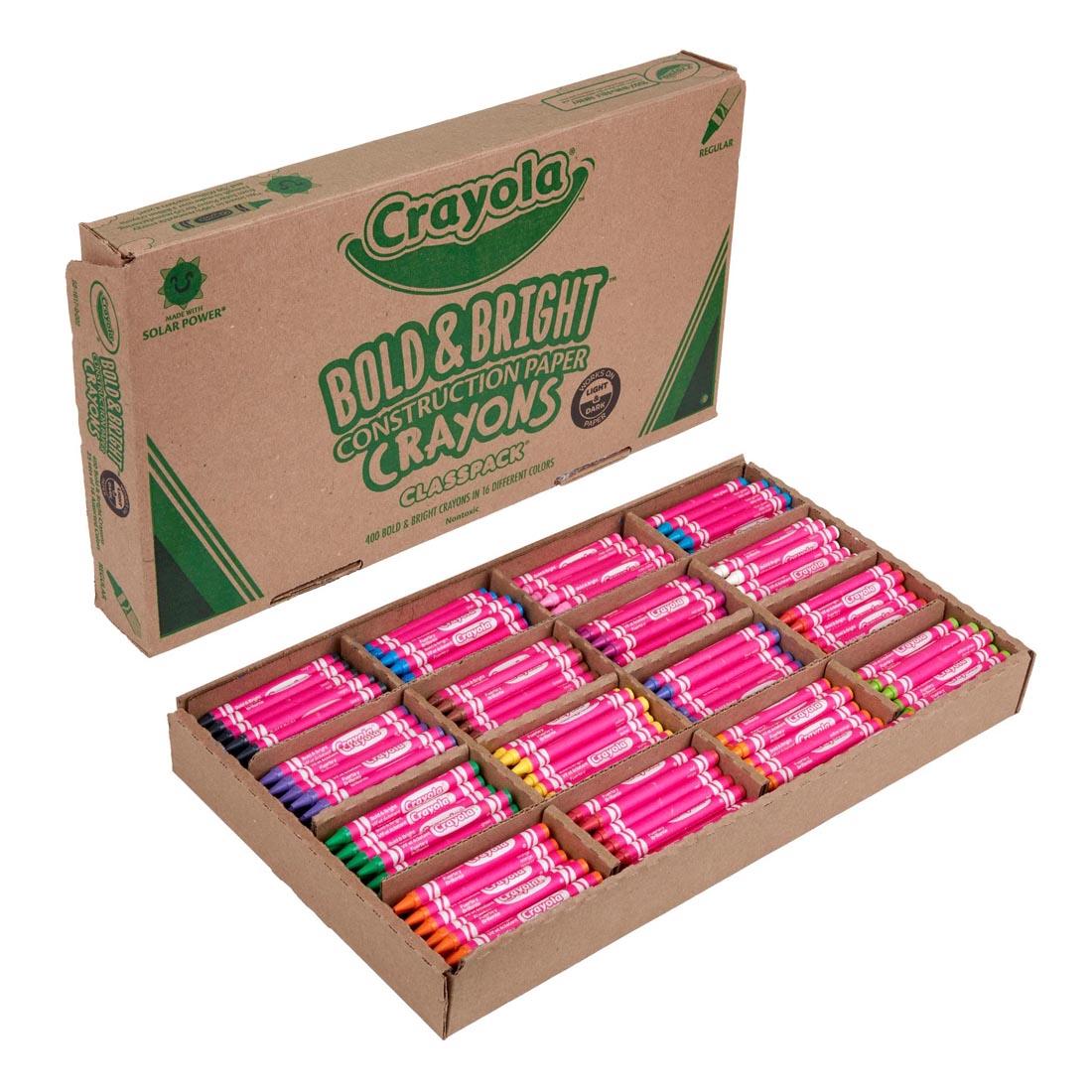 Crayola Bold & Bright Construction Paper Crayons Classpack box, next to a box with the lid off, showing crayons in separated compartments