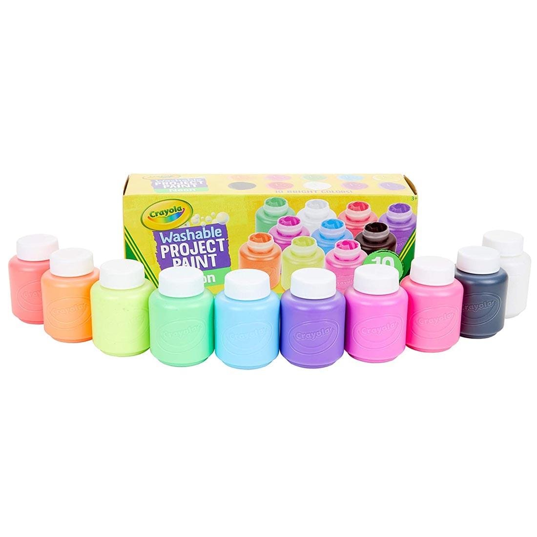 Box of Crayola Washable Neon Project Paint with 10 bottles of paint shown outside of it