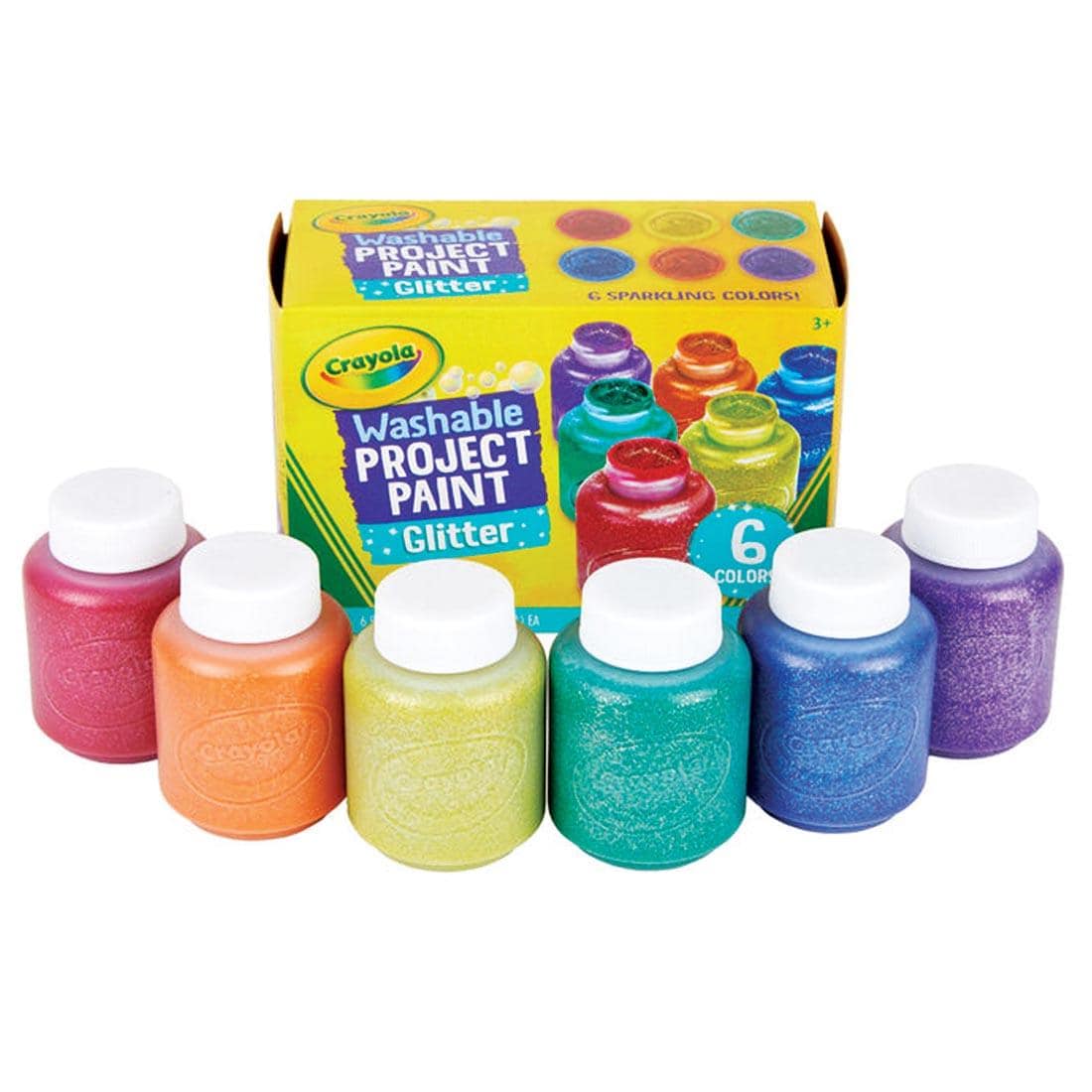 Package of Crayola Washable Glitter Project Paint with 6 paint bottles shown out of the box