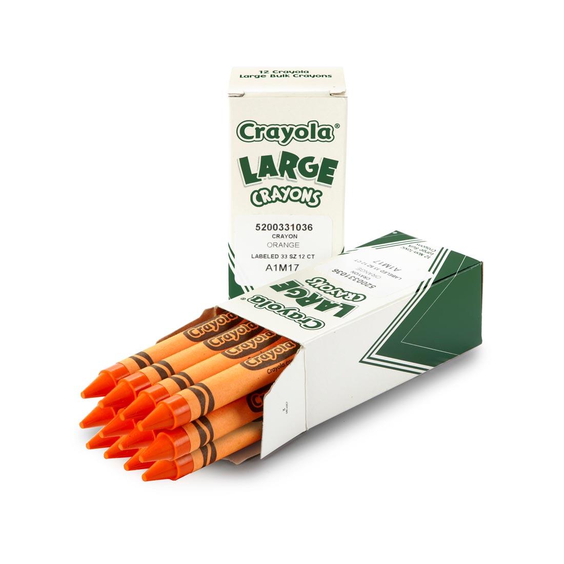 Crayola Large Crayon Refill boxes shown both closed and with orange crayons inside
