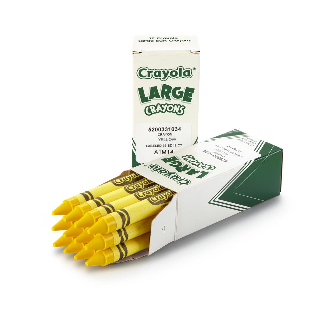 Crayola Large Crayon Refill boxes shown both closed and with yellow crayons inside