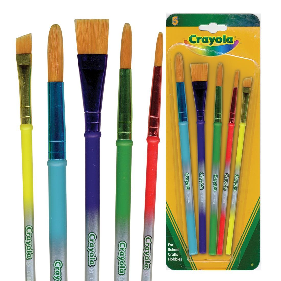 Crayola Brush Set shown inside the packaging, plus all 5 brushes are shown close-up