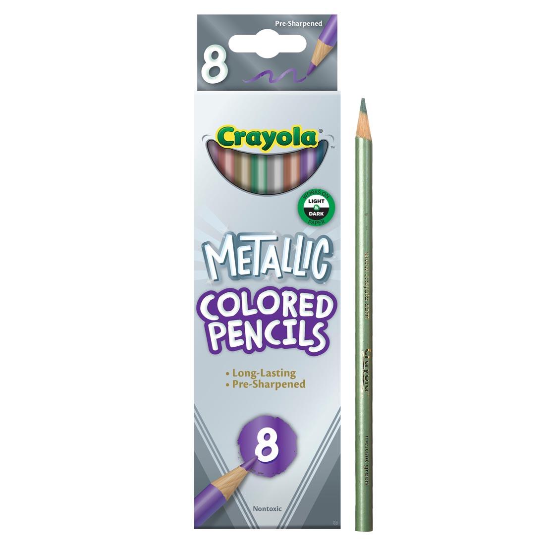 Package of Crayola Metallic Colored Pencils, with one pencil shown outside the box