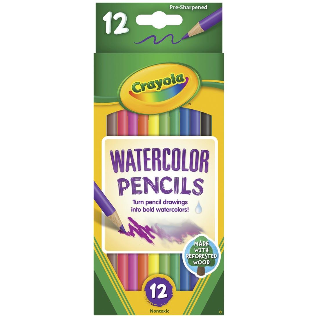 a drawing of a clown beside a package of Crayola Watercolor Colored Pencils 12-Color Set