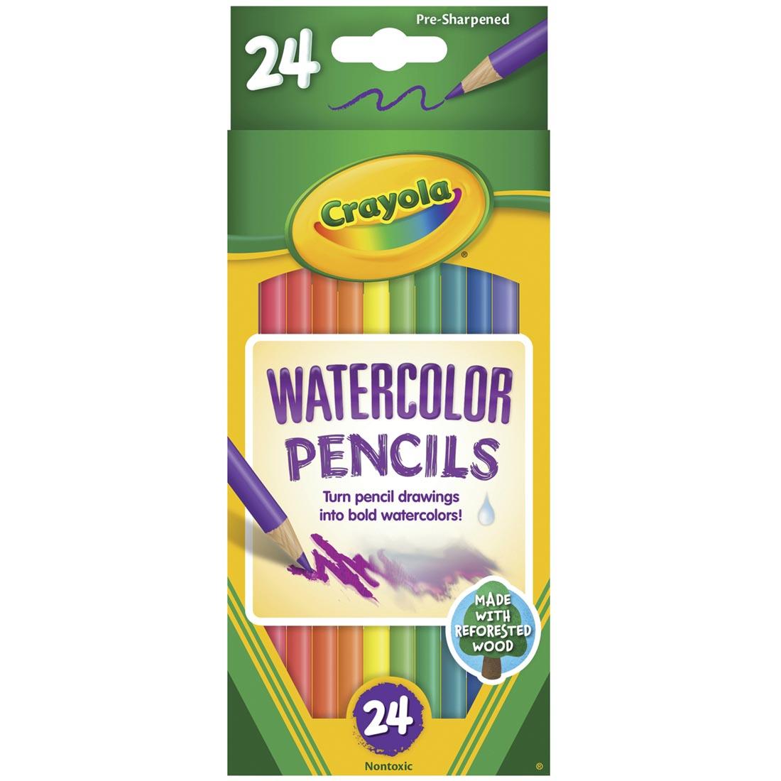 a drawing of a clown beside a package of Crayola Watercolor Colored Pencils 24-Color Set