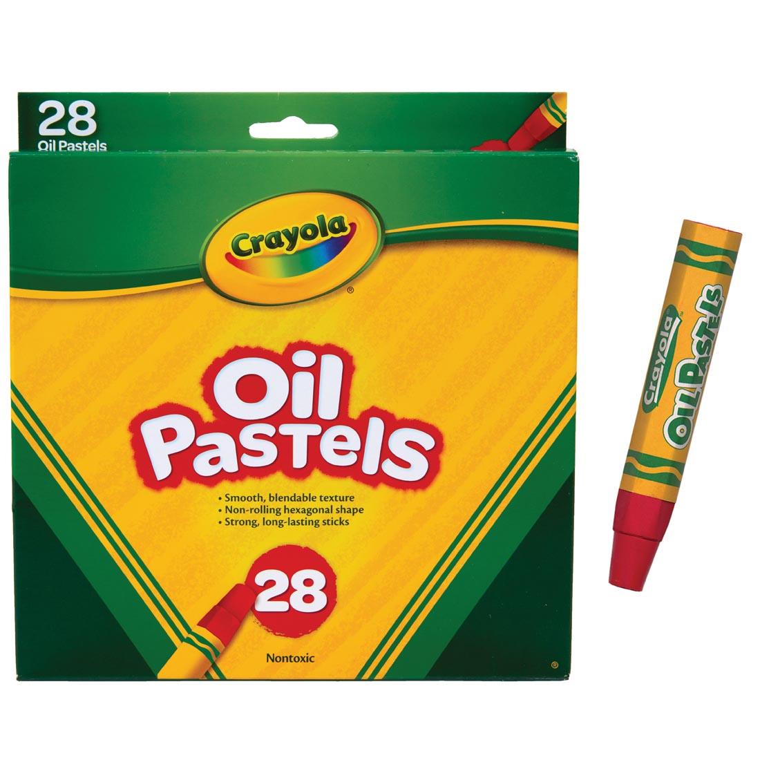 Package of Crayola Oil Pastels 28-Color Set with a Red Oil Pastel next to it