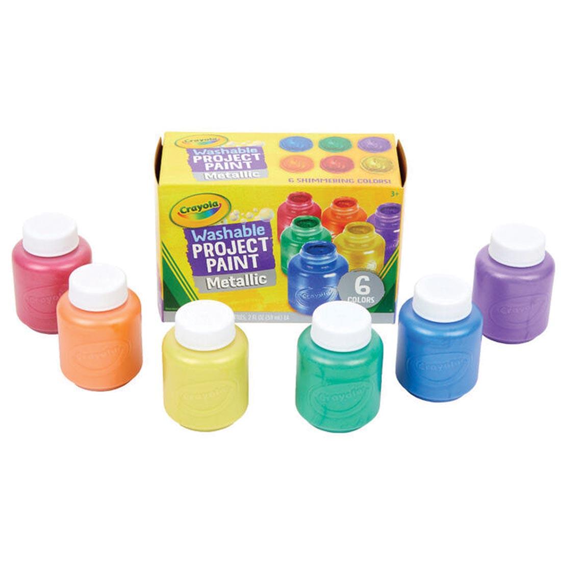 Package of Crayola Washable Metallic Project Paint shown with the six colored bottles outside the box