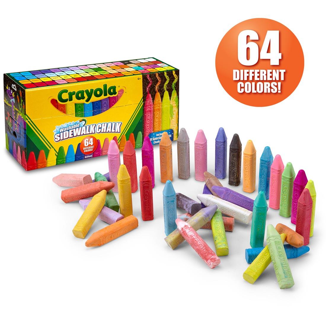 package of Crayola Washable Sidewalk Chalk with chalks sitting out, plus a text overlay of 64 different colors!