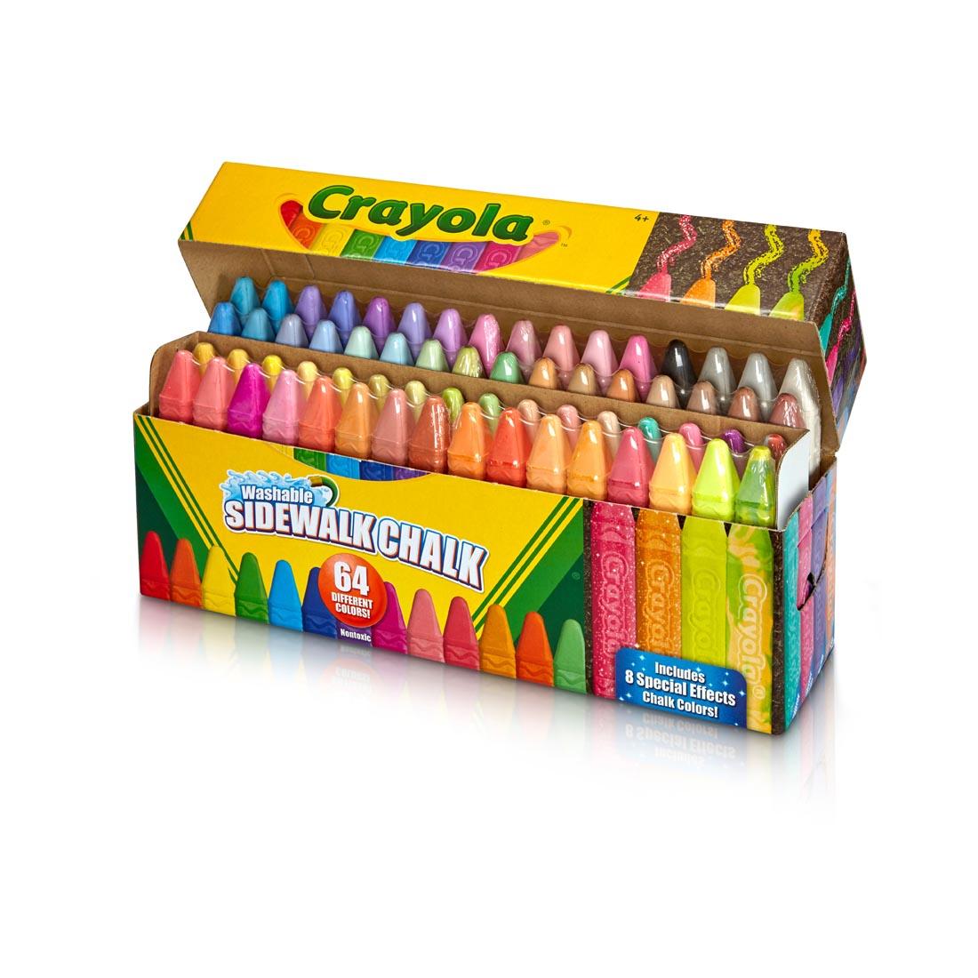 Box of Crayola Washable Sidewalk Chalk 64-Color Set with lid open