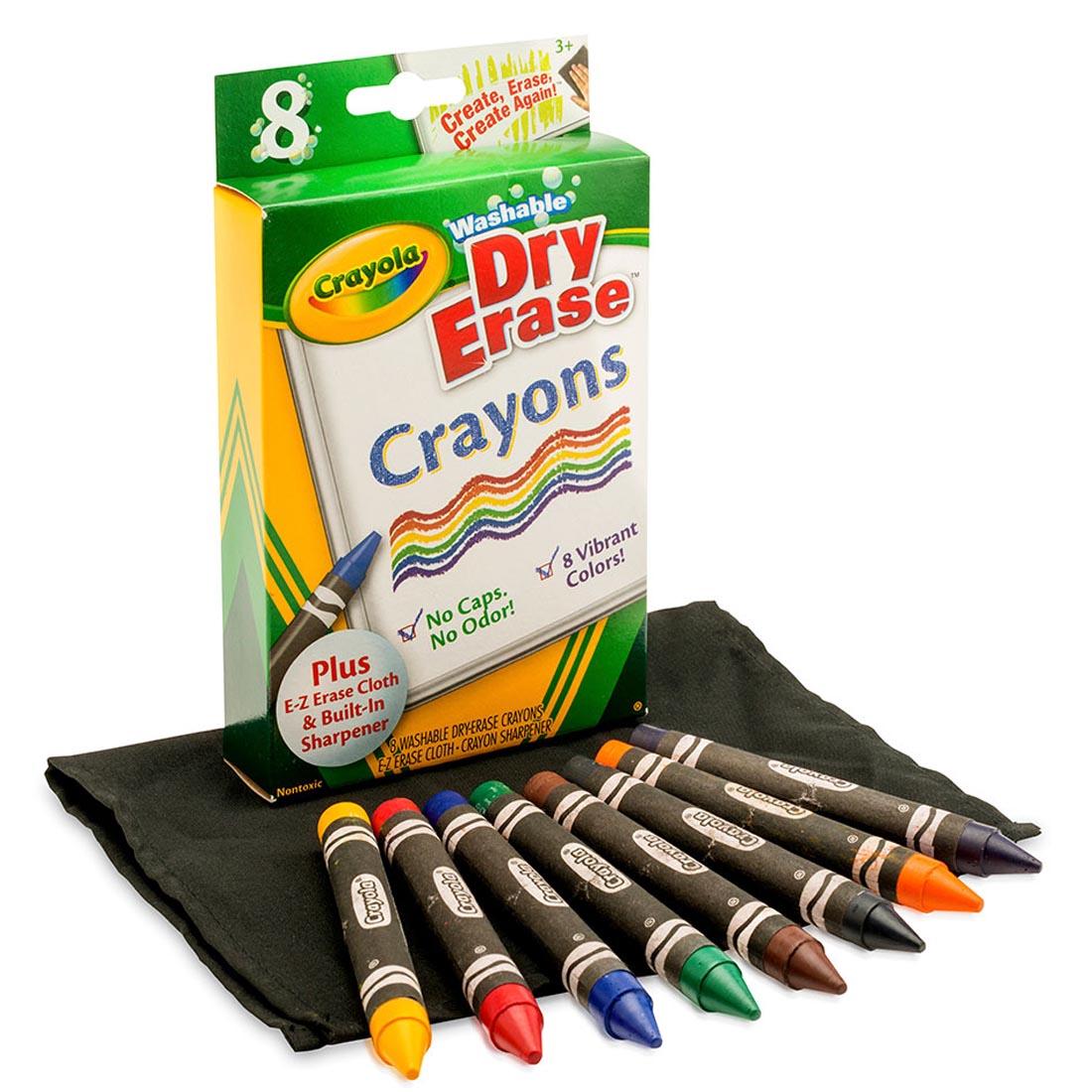 Package of Crayola Washable Dry Erase Crayons Shown with 8 Original Colored Crayons and an E-Z Erase Cloth