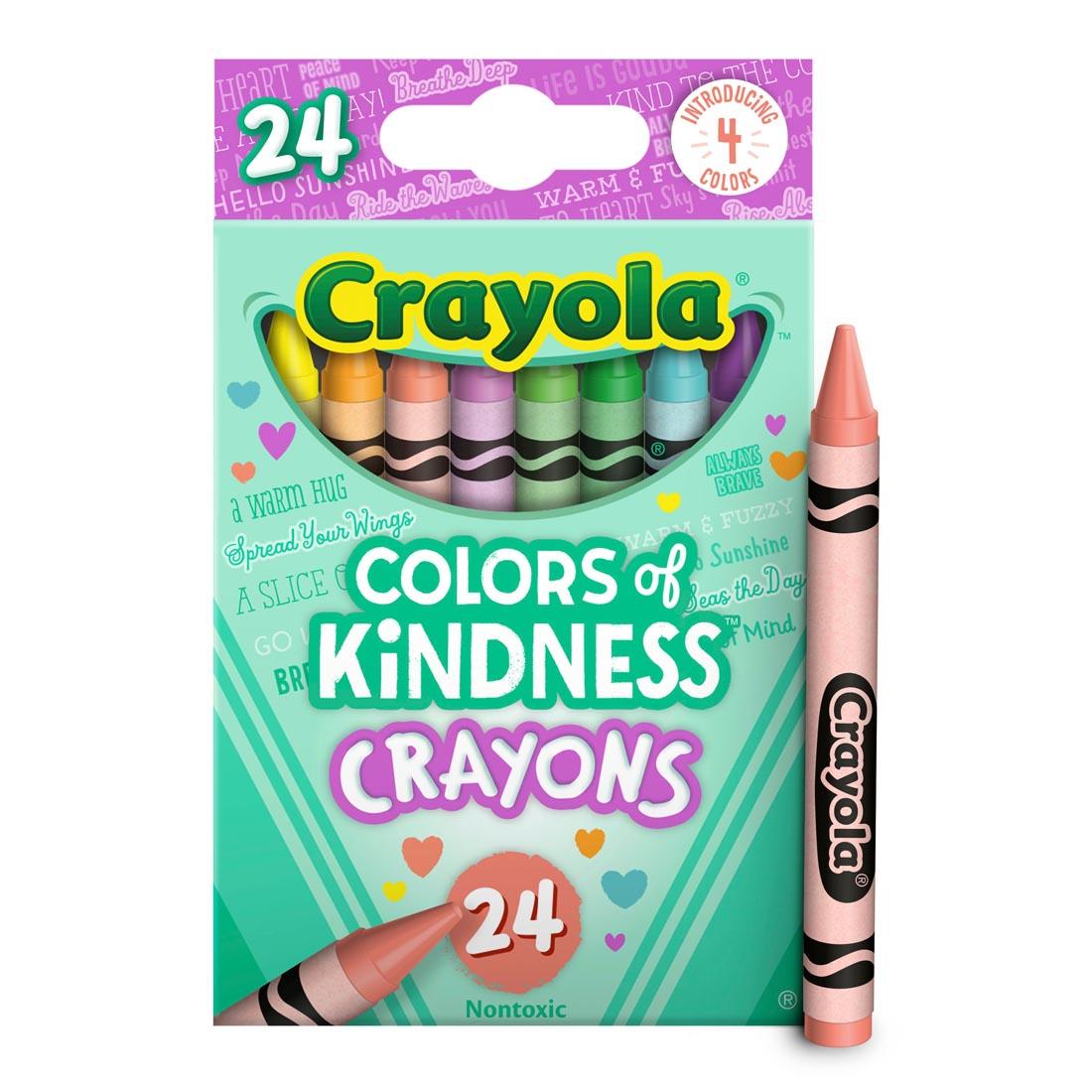 Box of Crayola Colors of Kindness Crayons 24-Count Set with one crayon shown