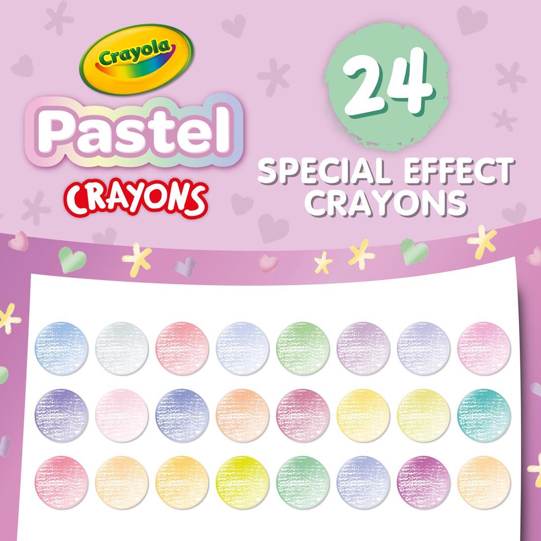 back of package of Crayola Pastel Crayons 24-Color Set showing color swatches
