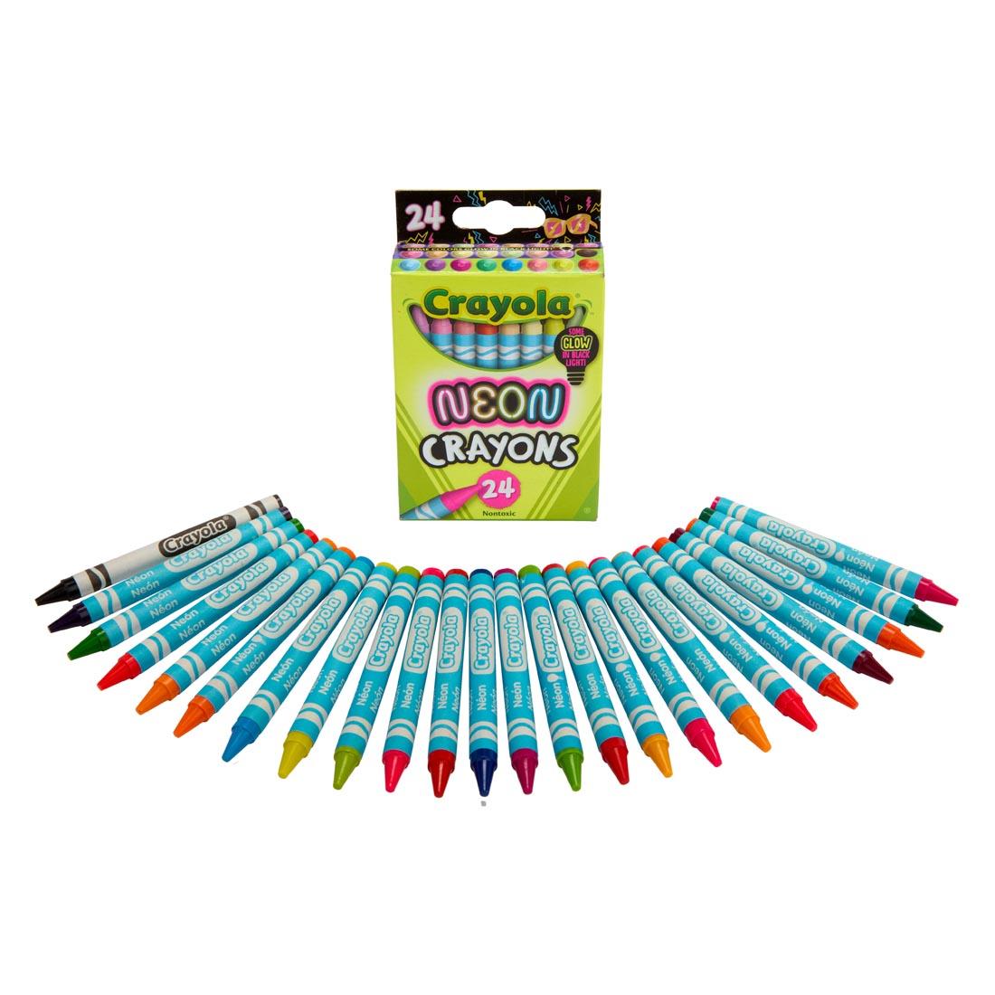 Crayola Neon Crayons 24-Count Set box with crayons splayed out in front