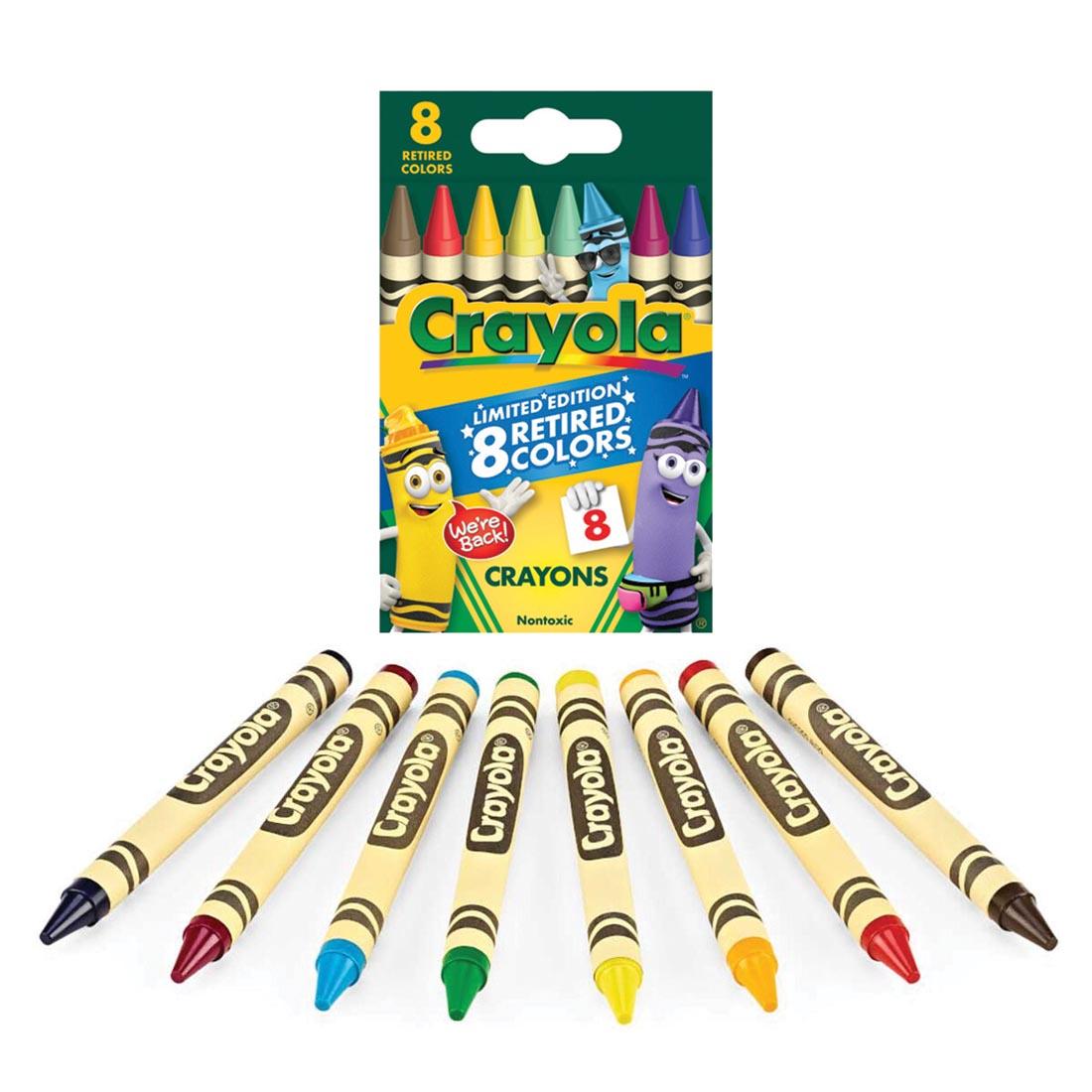 Crayola Limited Edition Retired Colors Crayons 8-Color Set box with crayons in front of it