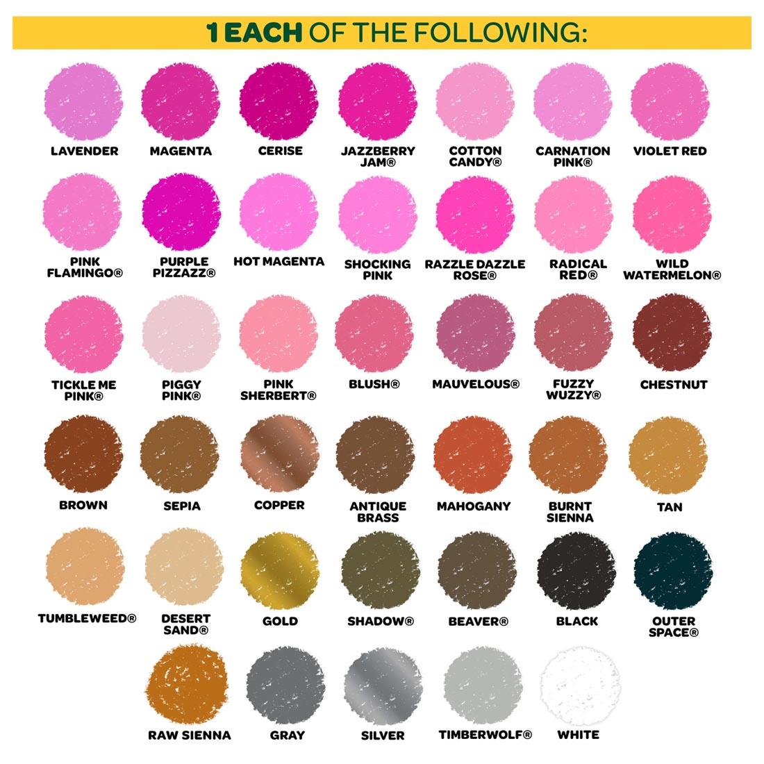 40 color swatches from Crayola Regular Crayons 120-Color Set labeled with their color names