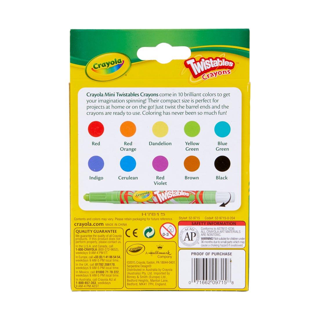 back package of Crayola Mini Twistables Crayons, showing all 10 color swatches