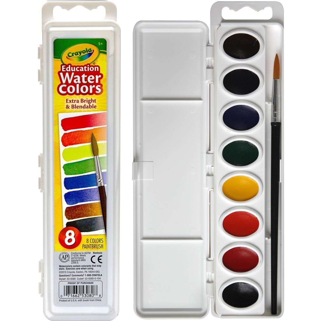 Package of Crayola Oval Pan Watercolors 8-Color Set shown with lid both open and closed