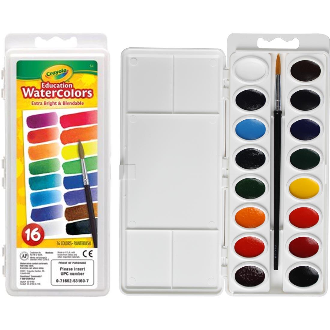 Package of Crayola Oval Pan Watercolors 16-Color Set shown with lid both open and closed