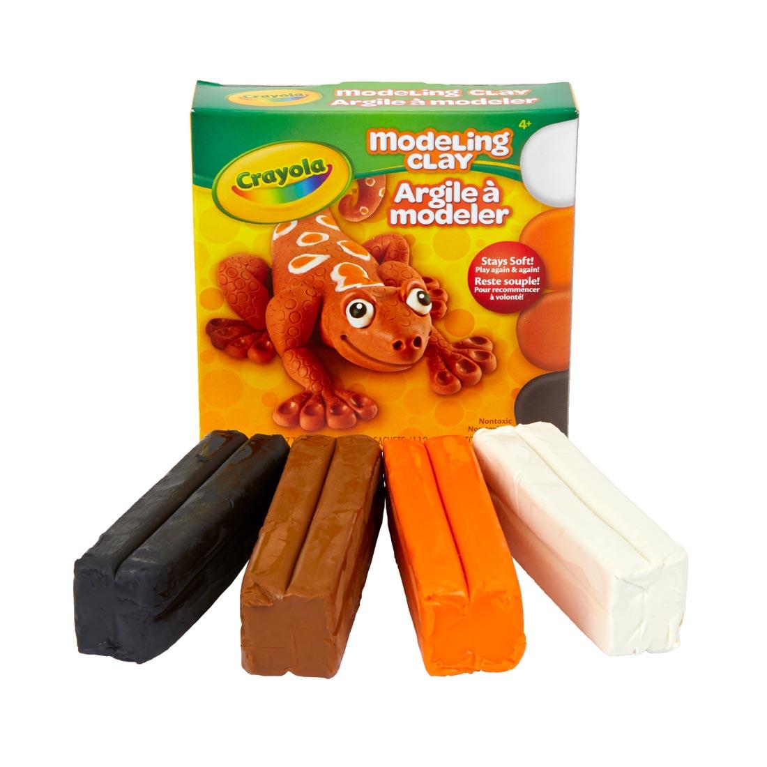 Box of Crayola Modeling Clay Natural Color Assortment behind 4 lumps of clay in natural colors