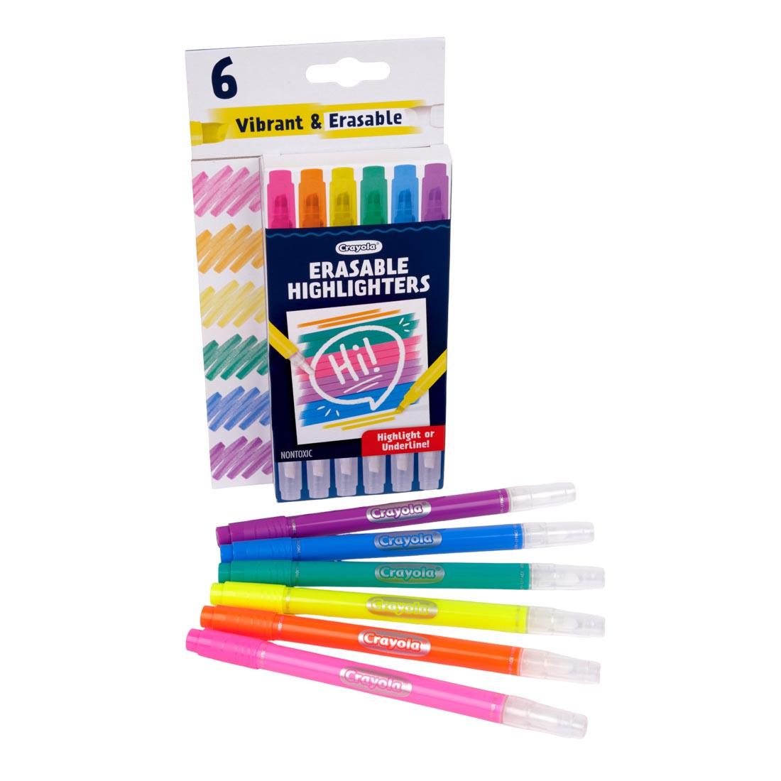 6 individual highlighters laying in front of the package of Crayola Erasable Highlighters