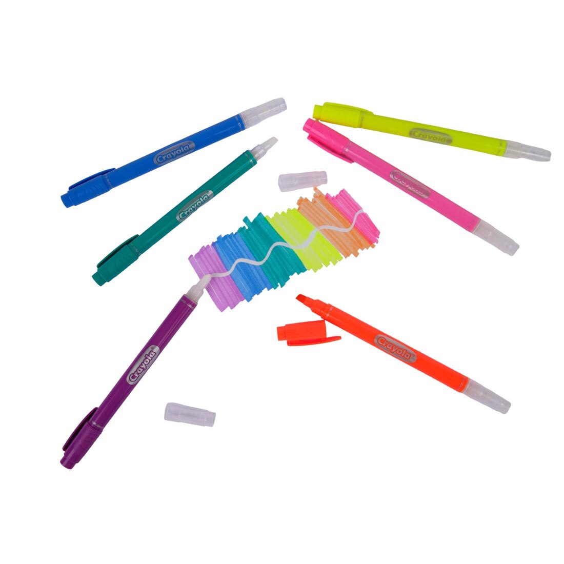 six sections of highlighter color, with a white strip down the middle, showing they can be erased, plus 6 individual highlighters laying around the swatches