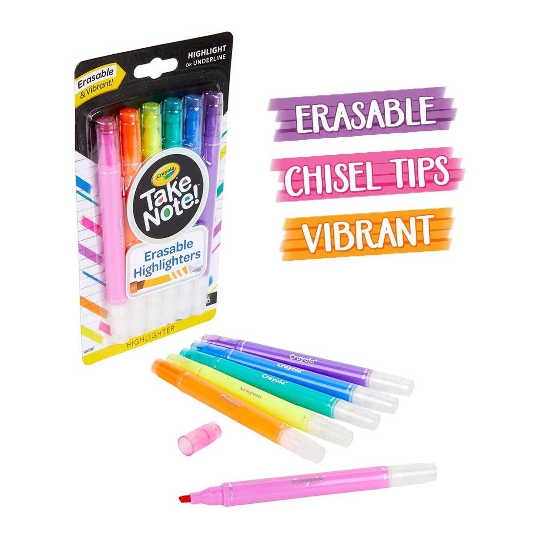 6 individual highlighters laying in front of the package of Crayola Take Note! Erasable Highlighters