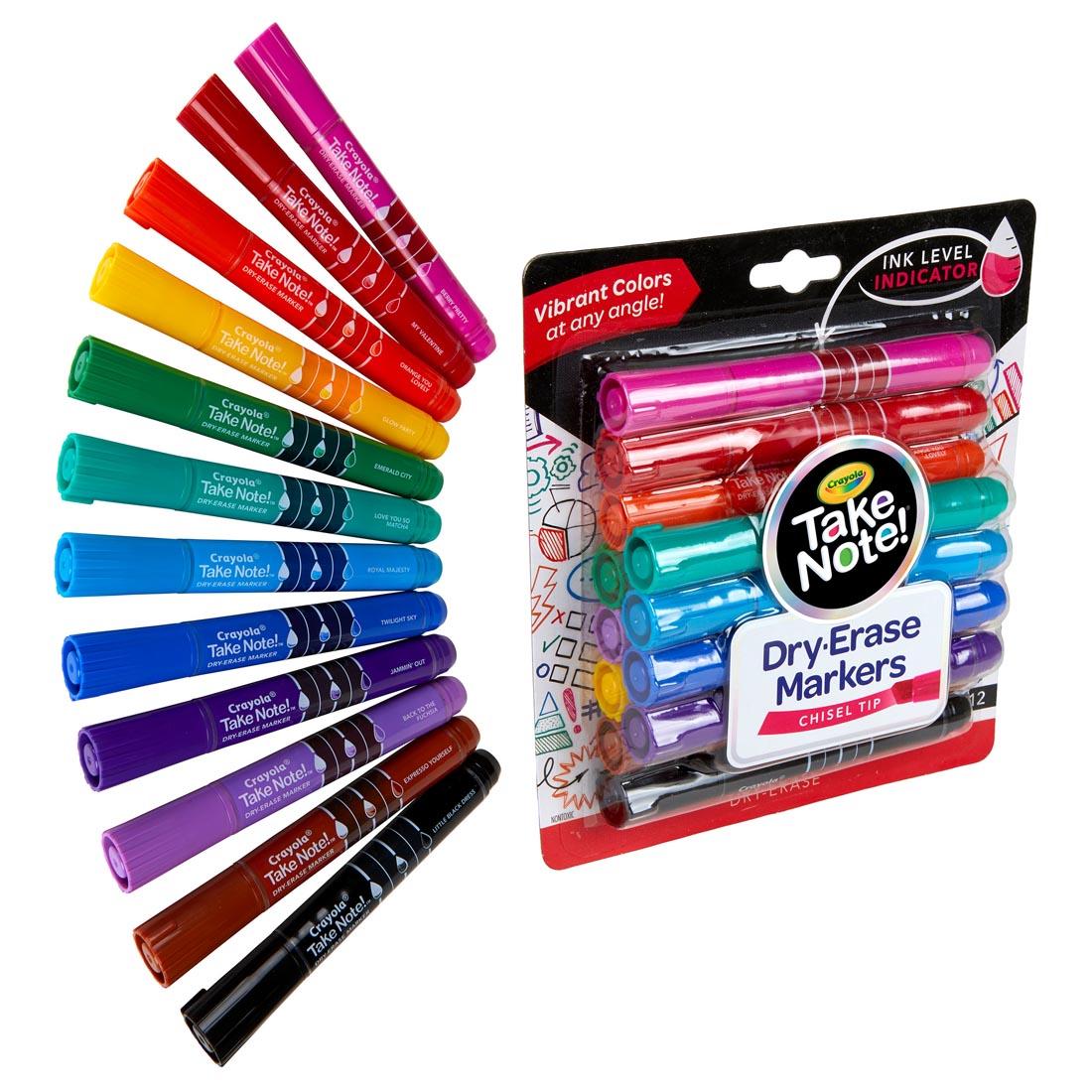 Crayola Take Note! Chisel Tip Dry Erase Markers 12-Count Set shown both in package and the markers spread out