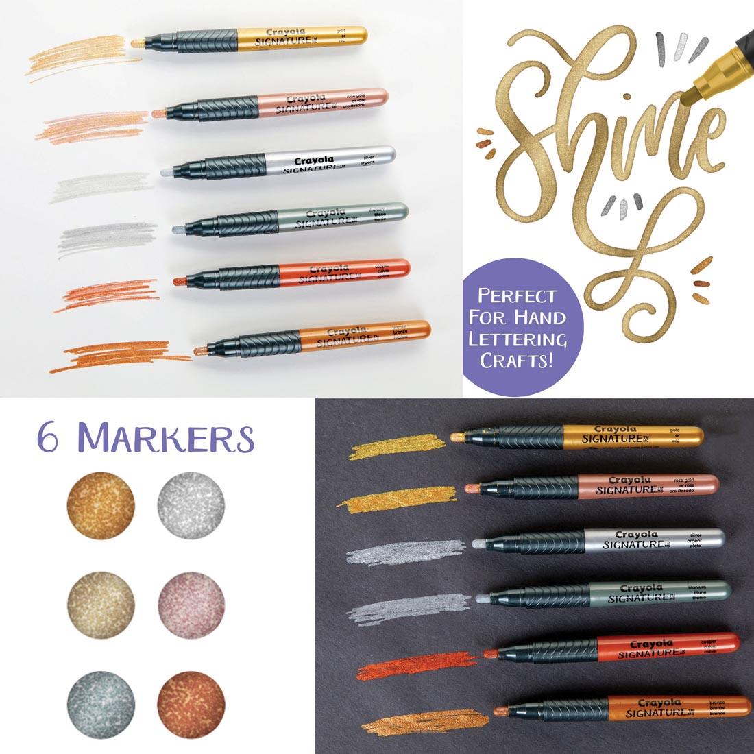 markings from six colors of Crayola Signature Liquid Metal Craft Markers on both light and dark papers, with text perfect for hand lettering crafts!