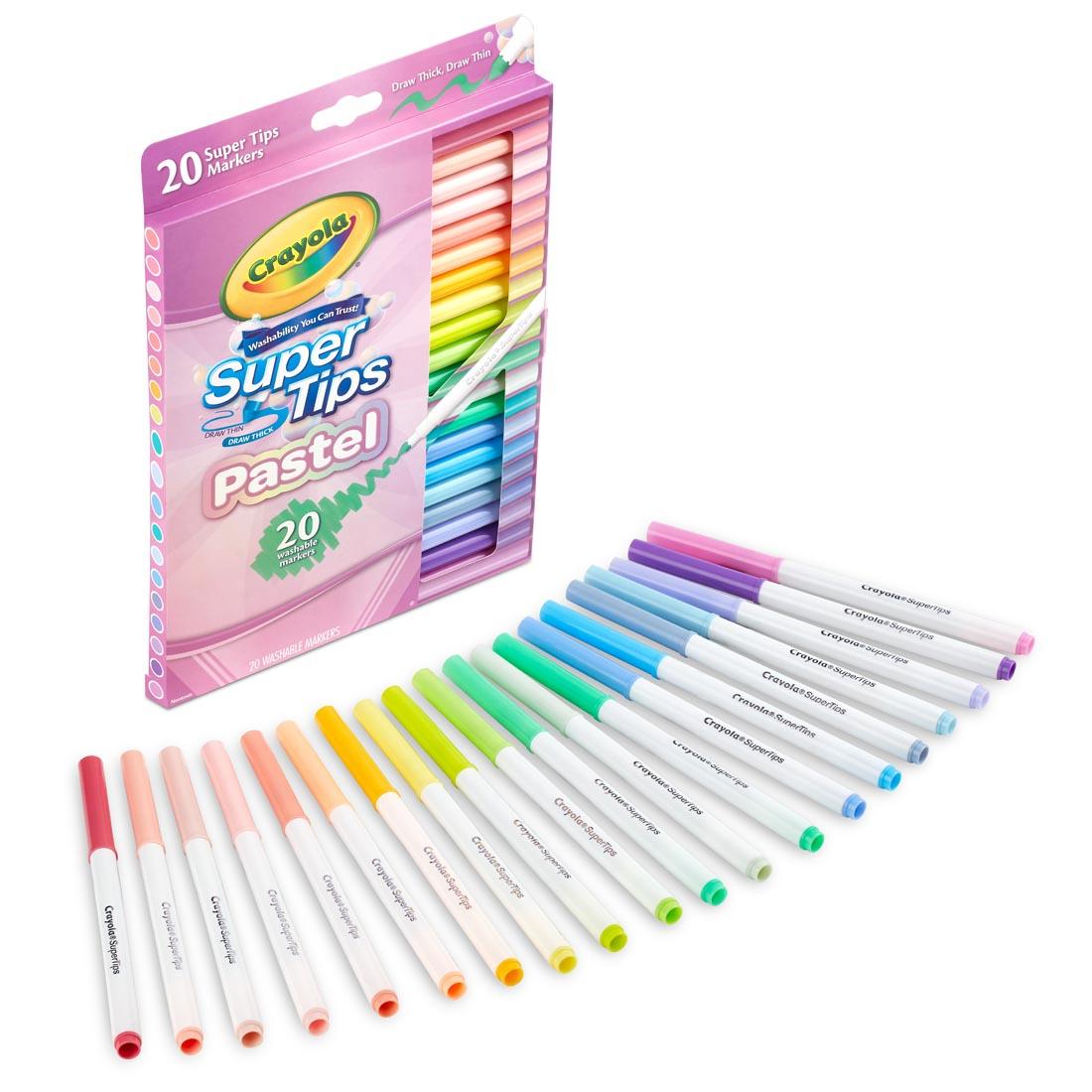 package of Crayola Washable Super Tips Markers 20-Color Pastel Set plus 20 markers laying in front of it