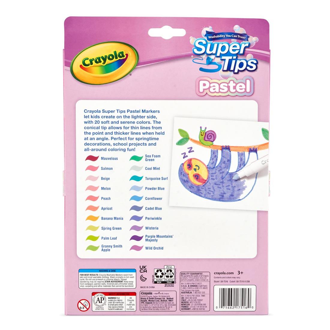 back of package of Crayola Washable Super Tips Markers 20-Color Pastel Set