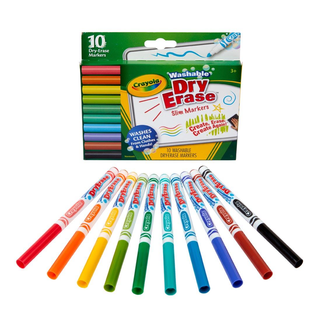 10 Crayola Washable Slim Dry Erase Markers in front of their package