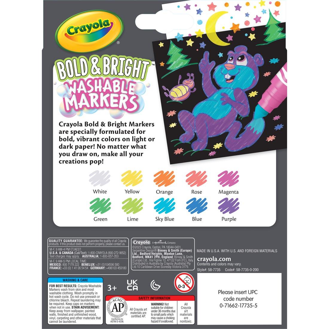 back of package of Crayola Bold & Bright Washable Broad Line Markers 10-Color Set