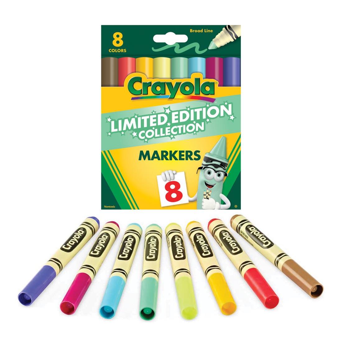 Crayola Limited Edition Retired Colors Broad Line Markers 8-Color Set box with markers in front of it