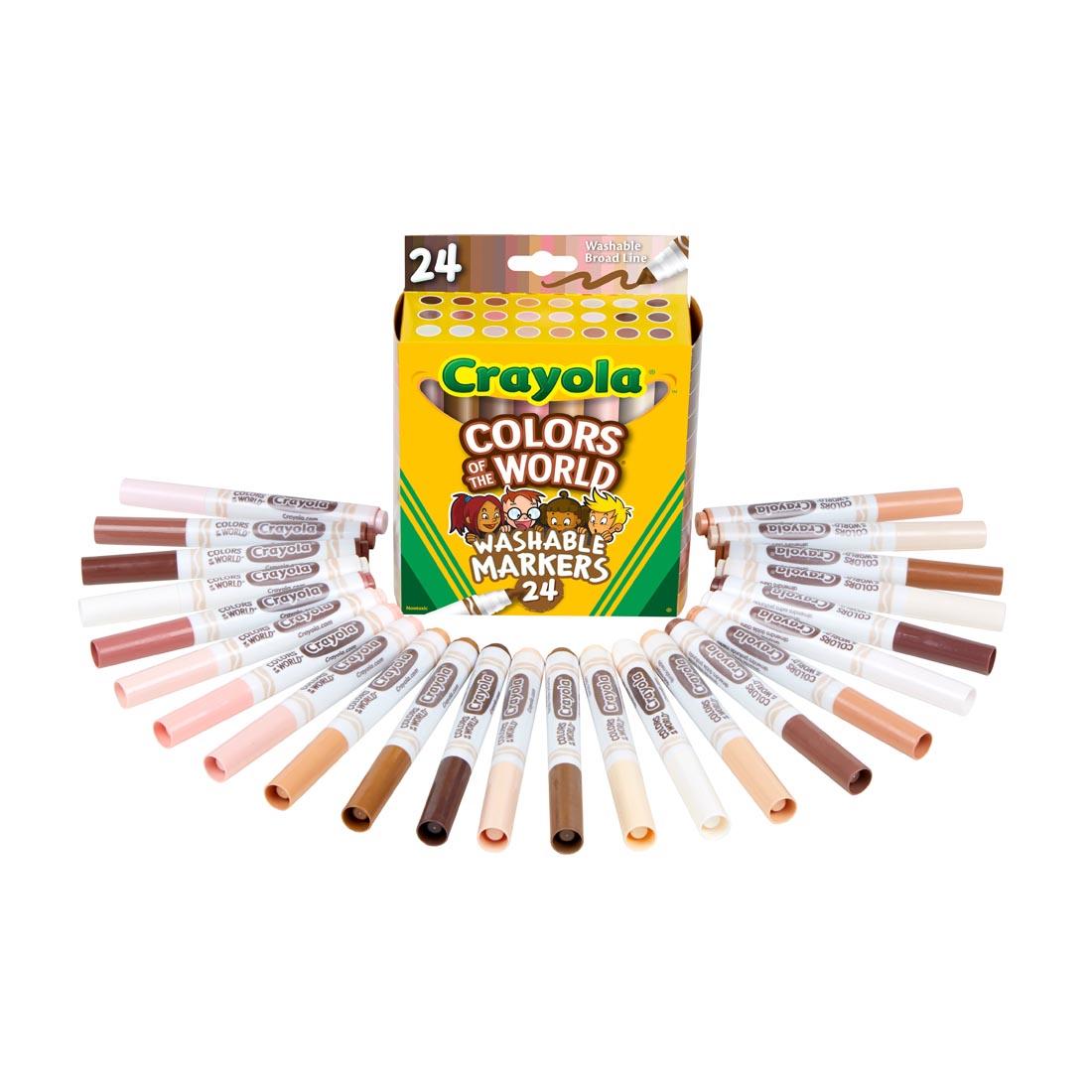 Box of Crayola Colors Of The World Washable Broad Line Markers with the 24 markers fanned out in front