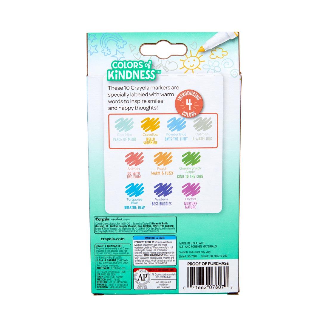 back of package of Crayola Colors of Kindness Washable Fine Line Markers 10-Count Set