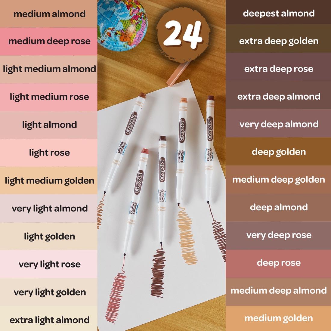 Color swatches of Crayola Colors Of The World Washable Fine Line Markers 24-Count Set, with names