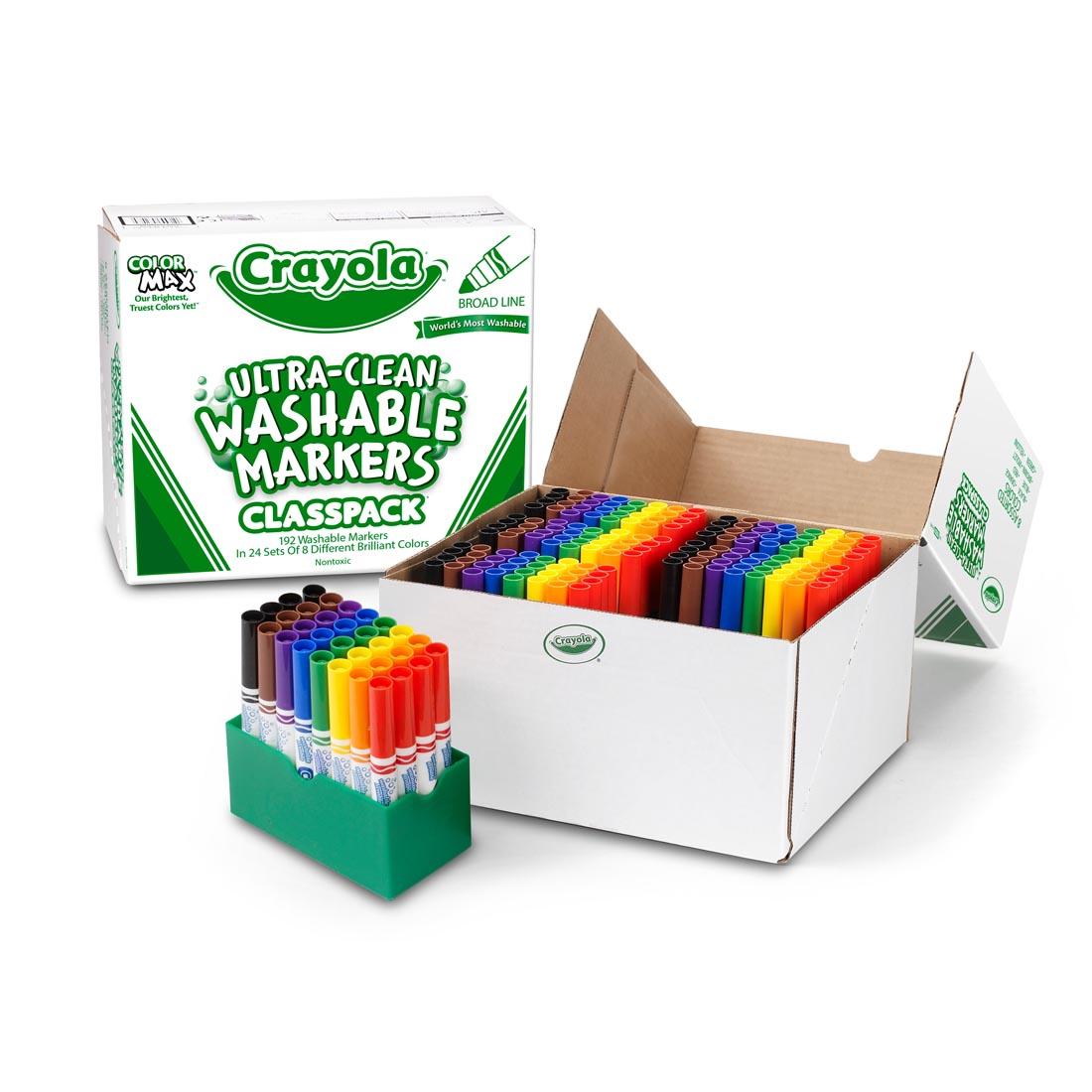 Crayola Washable Markers Classpack shown both with box closed, and one open with one of the marker caddies out of the box