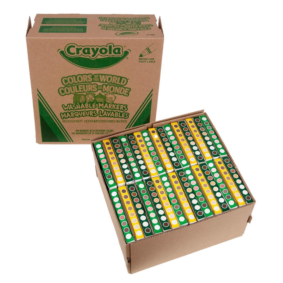 Crayola Colors Of The World Washable Broad Line Markers Classpack, shown closed and with lid open