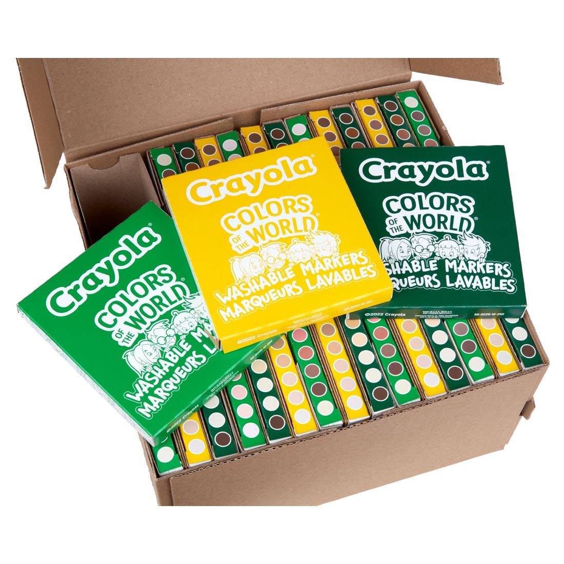 Crayola Colors Of The World Washable Broad Line Markers Classpack, shown open and three 8-count boxes lying on top