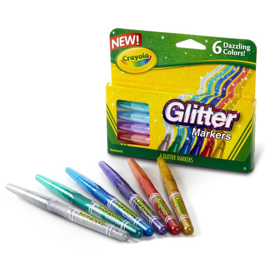 Crayola Glitter Markers package with 6 markers laying outside