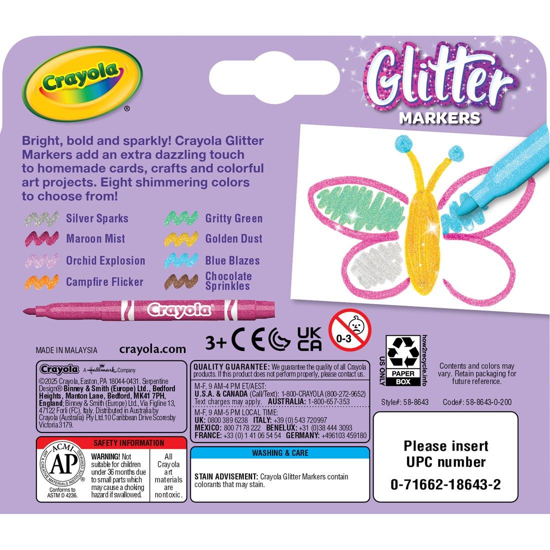 back of package for Crayola Glitter Markers 8-Color Set