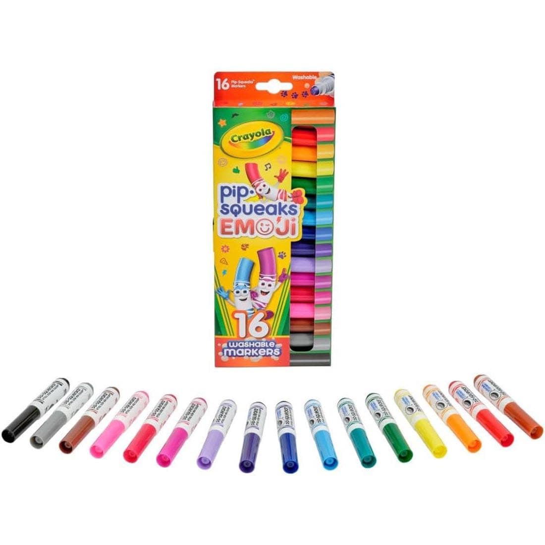 package of Crayola Pip-Squeaks Emoji Washable Markers 16-Color Set plus 16 markers laying in front of it