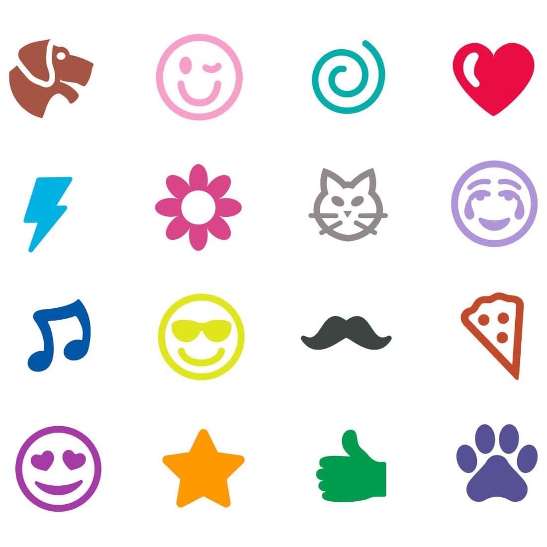 16 stamped images made with Crayola Pip-Squeaks Emoji Washable Markers 16-Color Set
