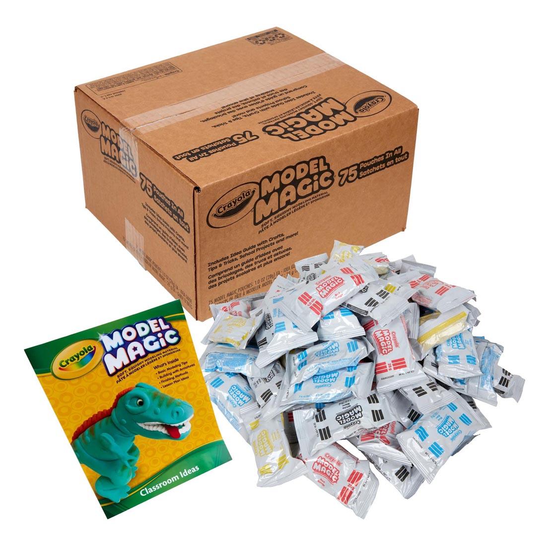 Box of Crayola Model Magic, plus packages in White, Red, Blue and Yellow outside the box with an idea guide