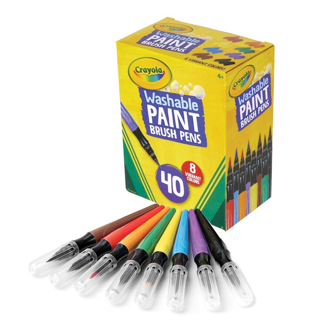 Package of Crayola Washable No Drip Paint Brush Pens Class Pack with 8 Colored Pens laying in front